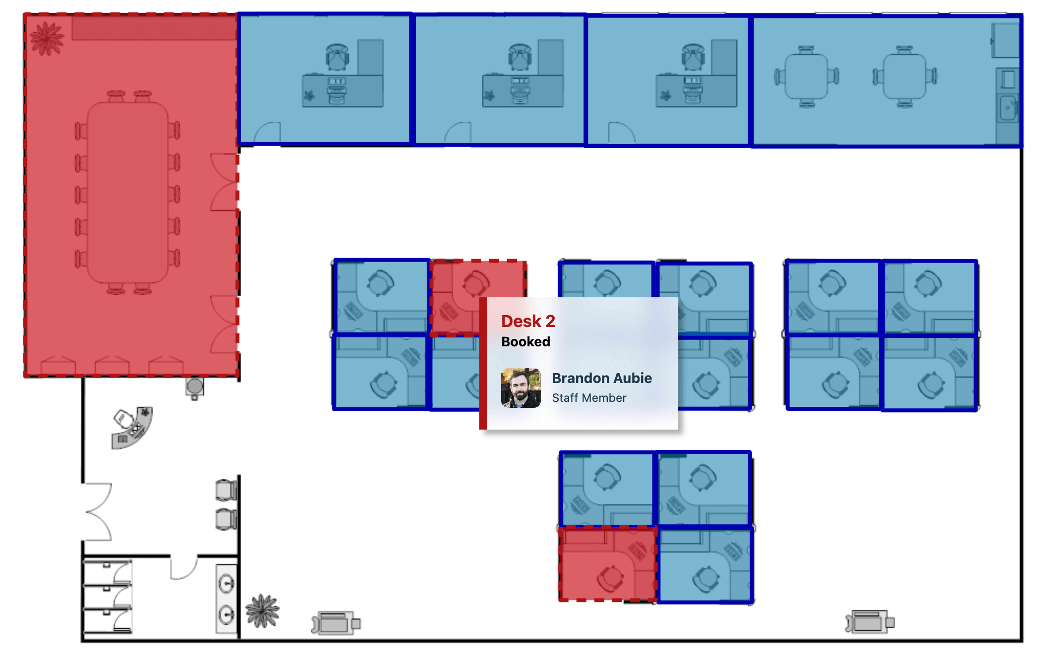 The QReserve interactive Live Map interface, displaying a digital facility floor plan with real-time availability tracking for workspaces, desks, and equipment booking.